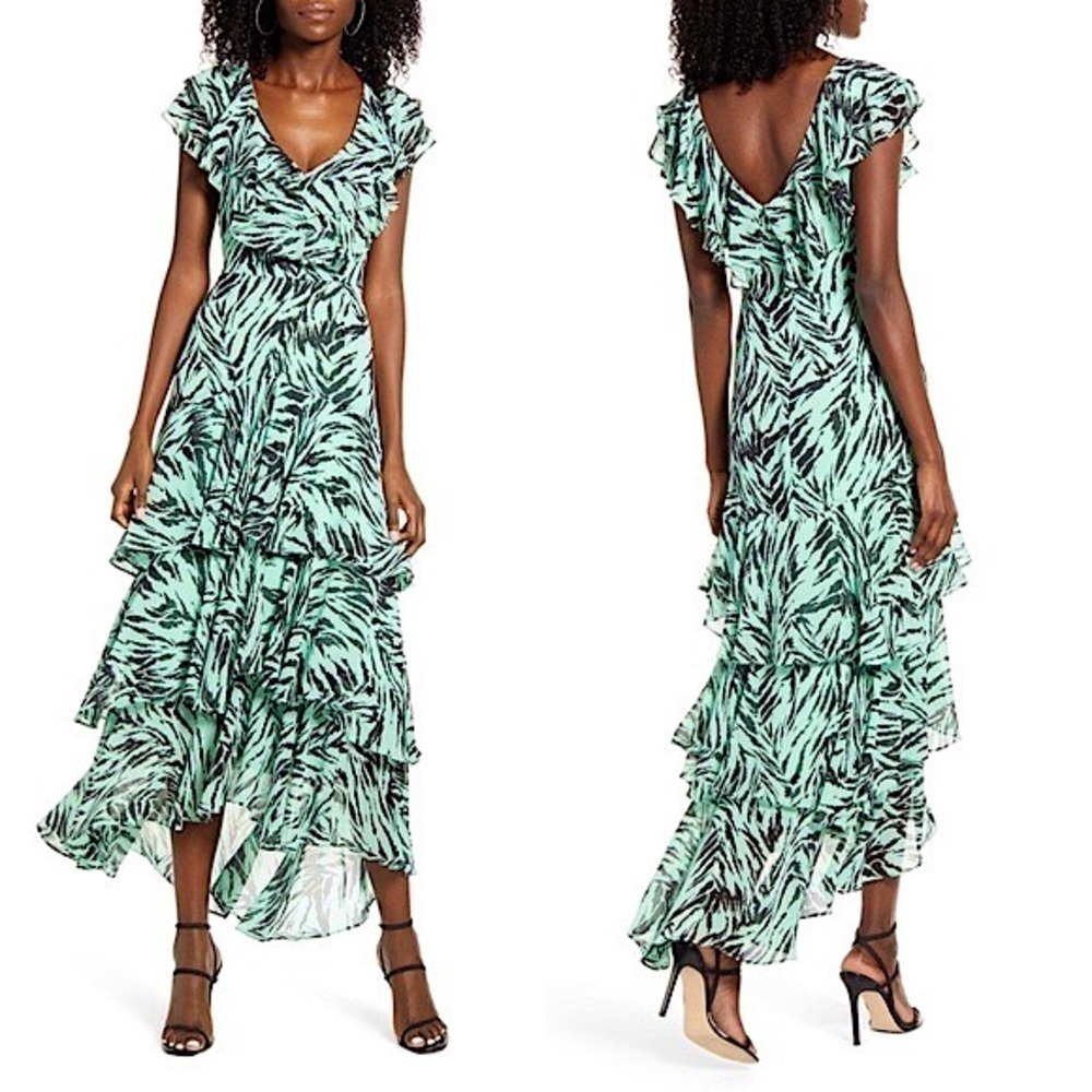 NEW WAYF Maxi Dress Ruffle Tier Flutter Sleeve Animal Print Summer Wedding Sz XS